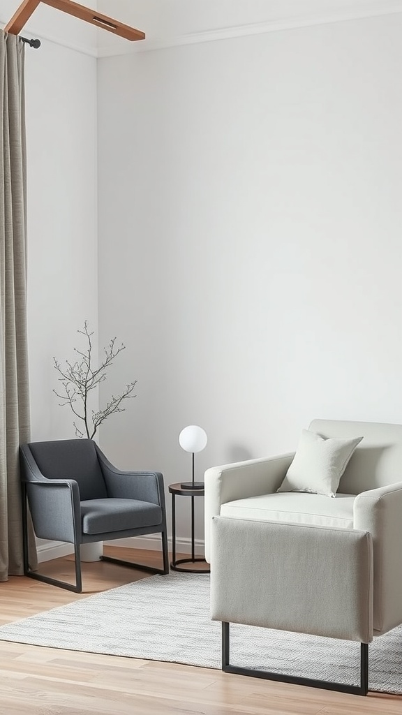 Minimalist corner with a light gray armchair, dark gray accent chair, a small side table with a round lamp, and a decorative branch.