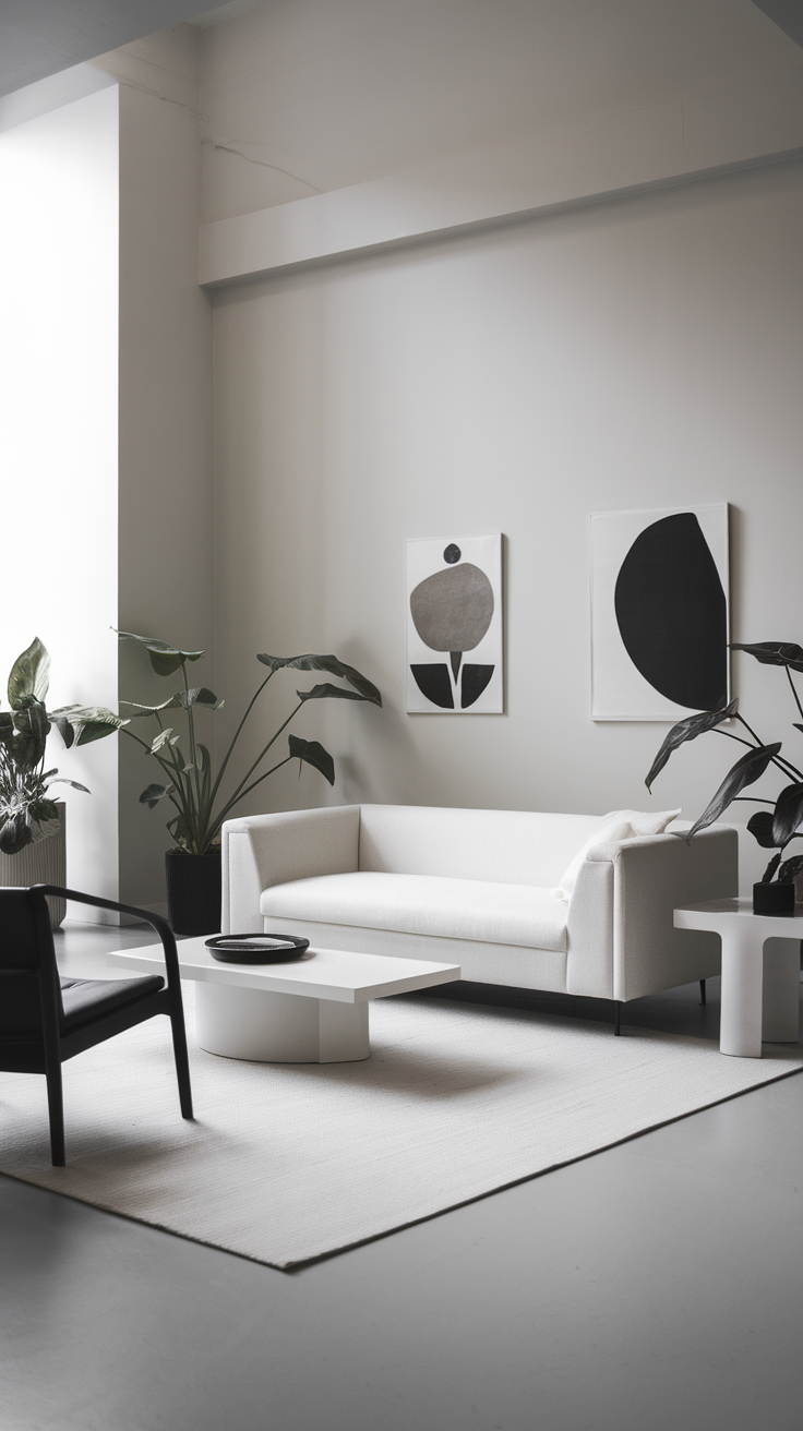 A modern minimalist living space featuring a white couch, black chair, and monochrome artwork.