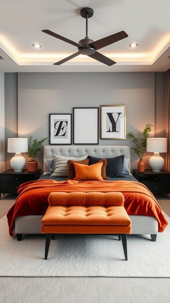 A modern bedroom featuring a gray and orange color scheme, with a stylish bed, orange accents, and framed artwork.