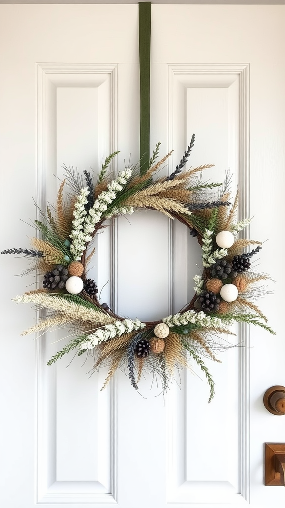 A minimalist Christmas wreath with natural elements, featuring pinecones and soft white accents.