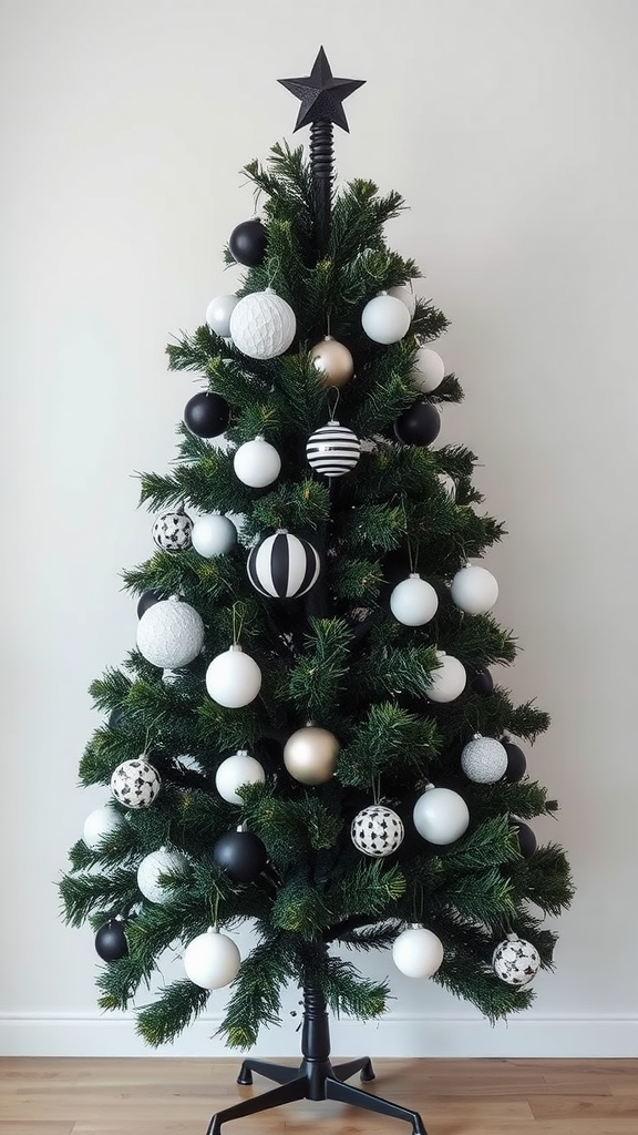 A minimalist Christmas tree decorated with black and white ornaments.