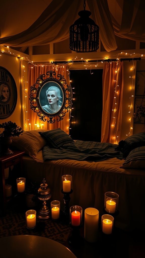 A cozy goth boho bedroom with candles and fairy lights for mood lighting.