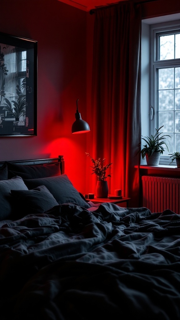 A cozy bedroom with red lighting, black bedding, and plants by the window.