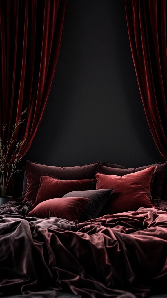 A dark feminine bedroom with rich velvet textiles, featuring red and black pillows and curtains against a dark wall.