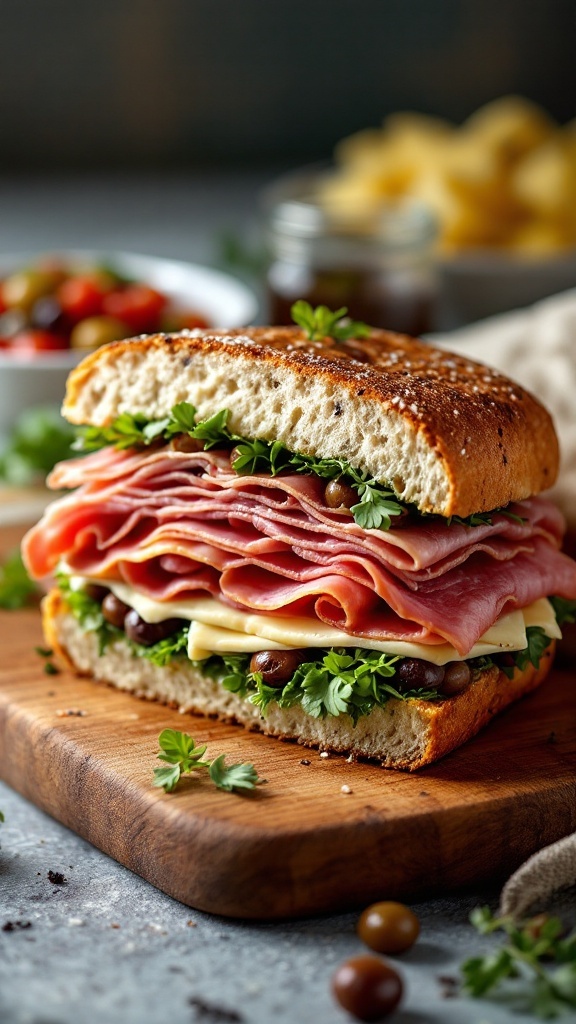 Delicious Muffuletta sandwich with layered meats and cheeses.