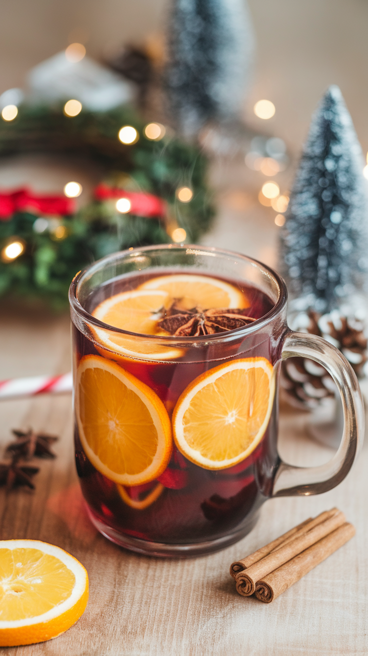 A mug of mulled wine garnished with orange slices and spices, surrounded by holiday decorations.