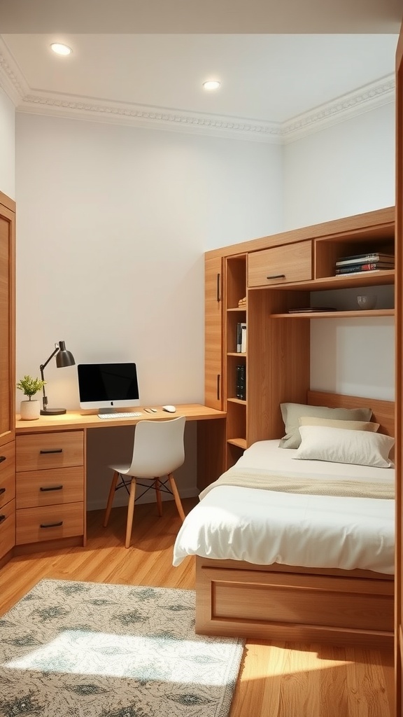 A small bedroom featuring a bed, desk, and storage solutions in warm wood tones.