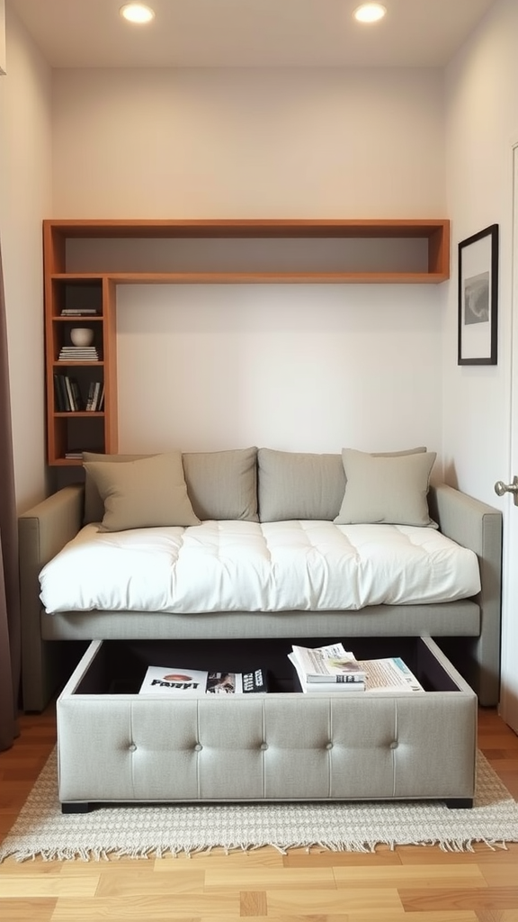 A modern daybed with a storage compartment underneath, set in a small living room