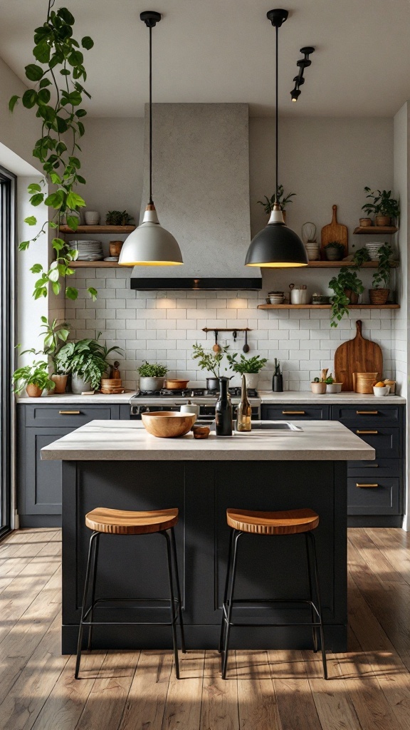 A modern kitchen with a multi-functional island, featuring bar stools and plants for a welcoming atmosphere.