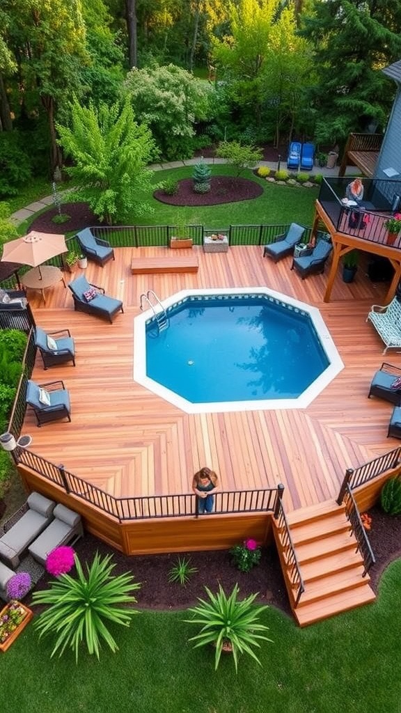 A multi-level wooden deck surrounding an above-ground pool, featuring integrated seating and vibrant landscaping.