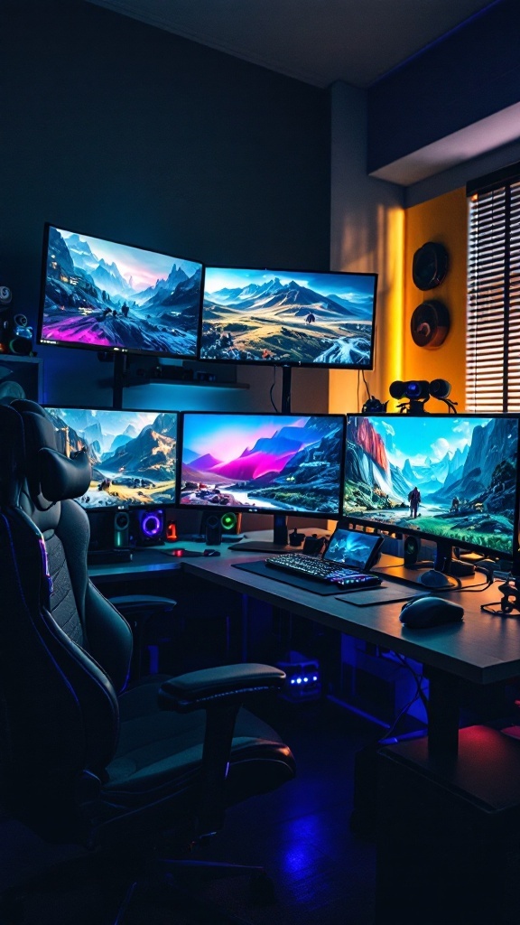 A gaming room featuring a multi-monitor setup with vibrant landscapes displayed on the screens.