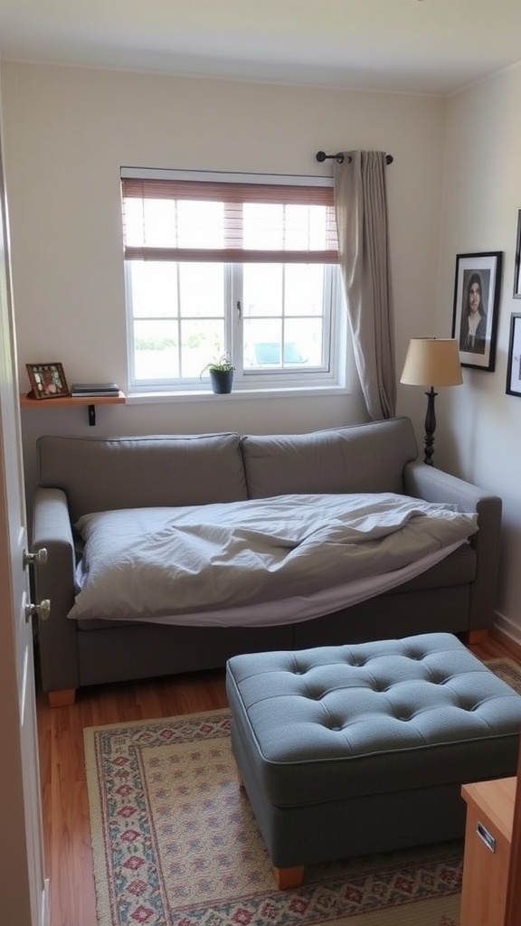 A small bedroom featuring a sofa bed and an ottoman.