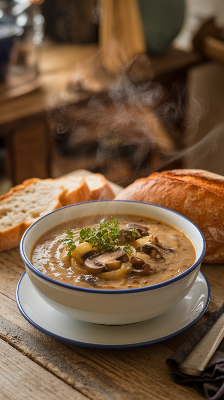 A warm bowl of mushroom and caramelized onion soup with bread on the side.