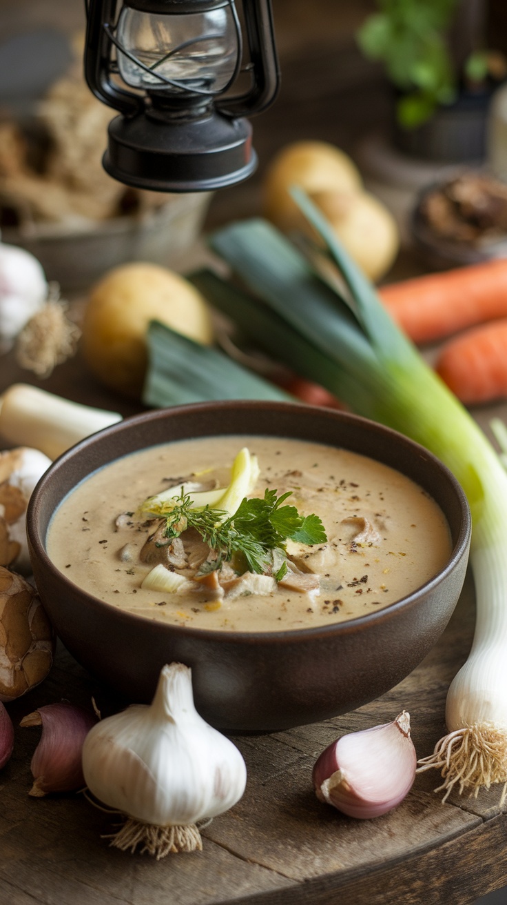 A bowl of creamy mushroom and leek soup garnished with herbs, surrounded by fresh vegetables.