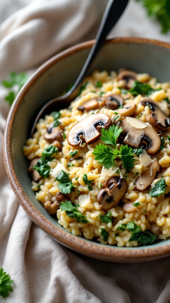 A bowl of creamy mushroom and spinach risotto garnished with fresh herbs.