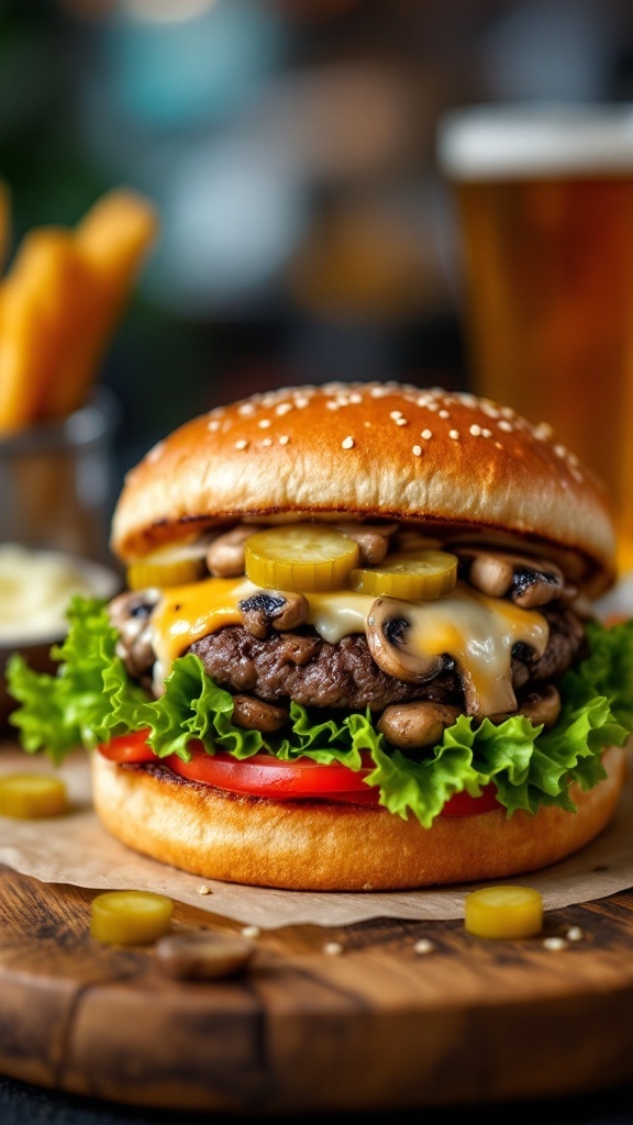 A delicious mushroom and Swiss burger with toppings