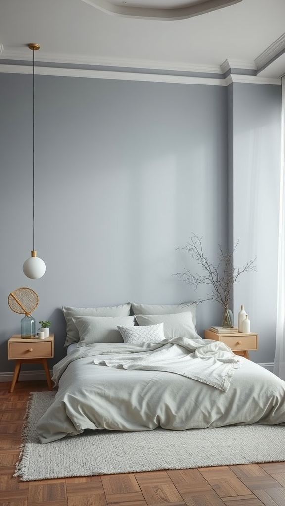 A bedroom featuring muted blue and grey tones with cozy bedding and wooden furniture.