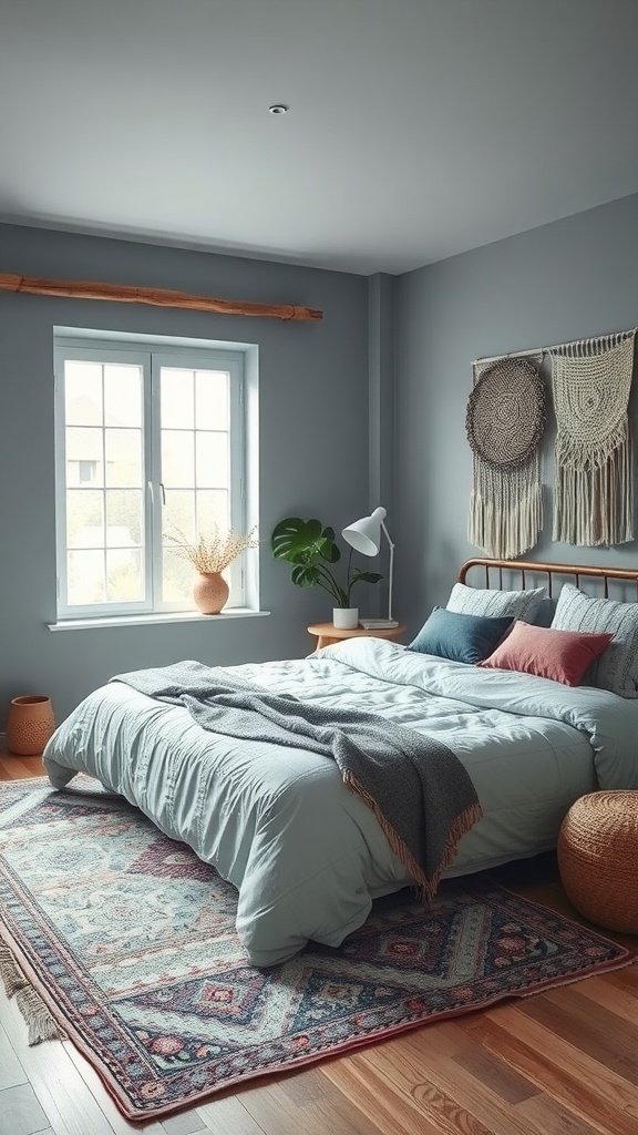A cozy bedroom featuring muted blues and grays, with a soft bedspread, textured wall decor, and wooden accents.