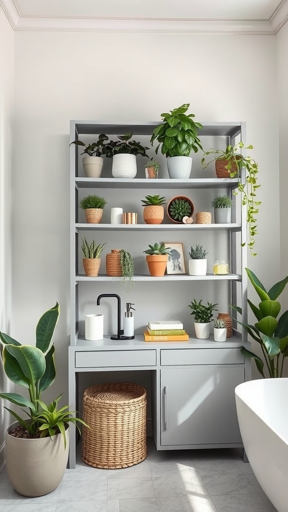 A grey shelving unit filled with various plants and decorative items in a bathroom setting.