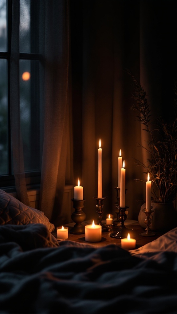 A dark feminine bedroom featuring a cozy candle display with various candles, creating a mystical atmosphere.
