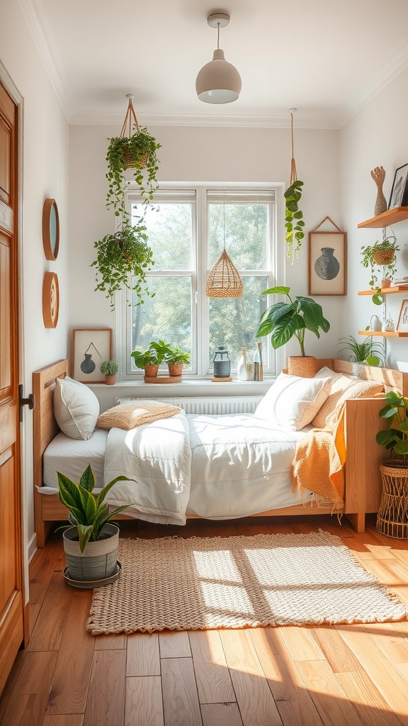 A cozy tiny bedroom featuring natural elements like plants, wooden furniture, and soft textiles.