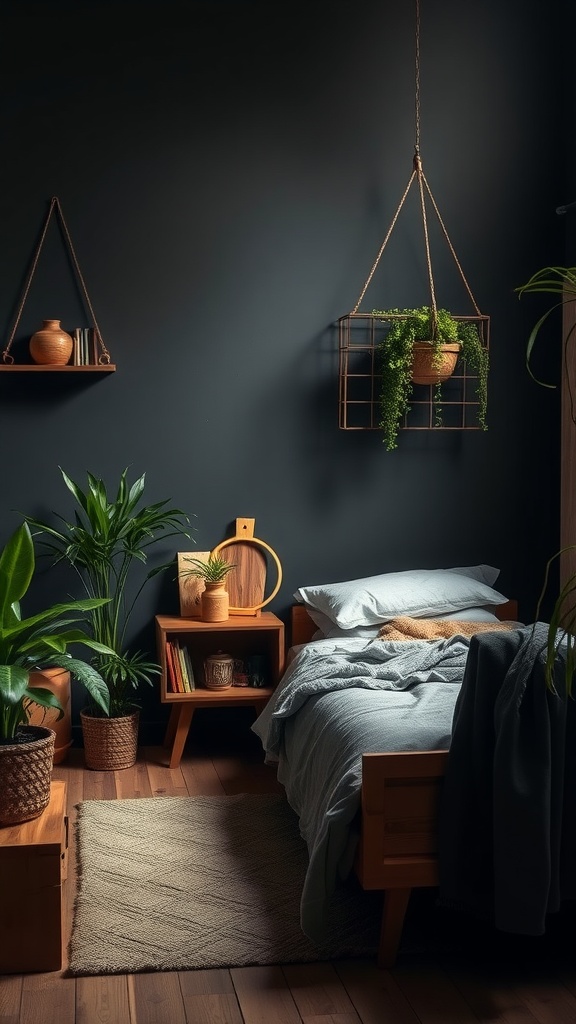 Cozy dark bedroom featuring wooden furniture, plants, and soft textures