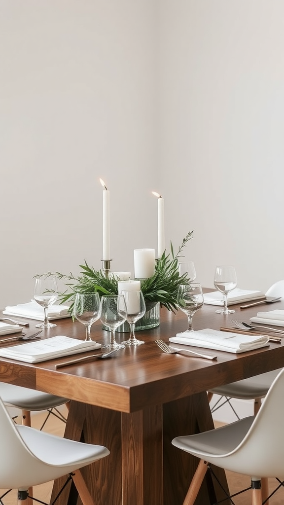 A stylish table set with a natural greenery centerpiece, candles, and glassware.