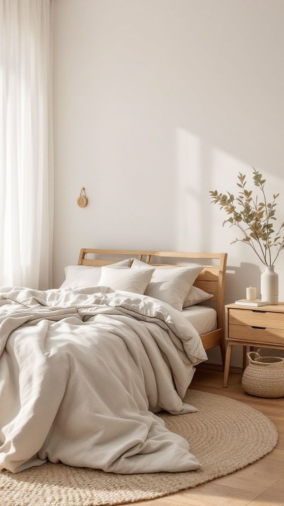 A cozy bedroom with natural materials, featuring a wooden bed, soft bedding, and a round rug.