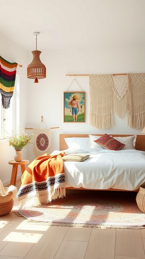 A bright bohemian bedroom featuring natural white walls, a colorful blanket, textured pillows, and macramé wall hangings.