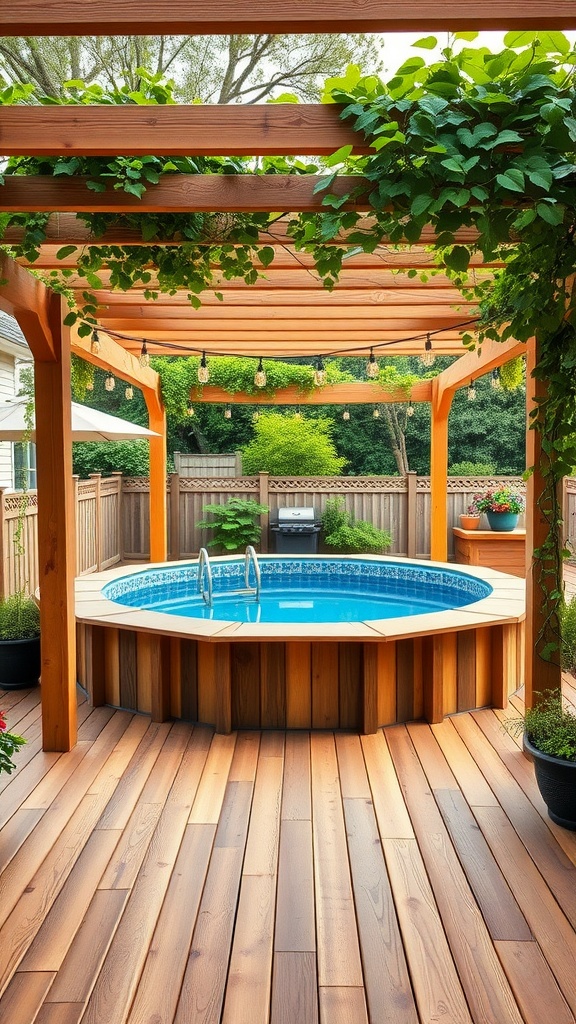 A cozy natural wood deck with a pool and a pergola covered with greenery.