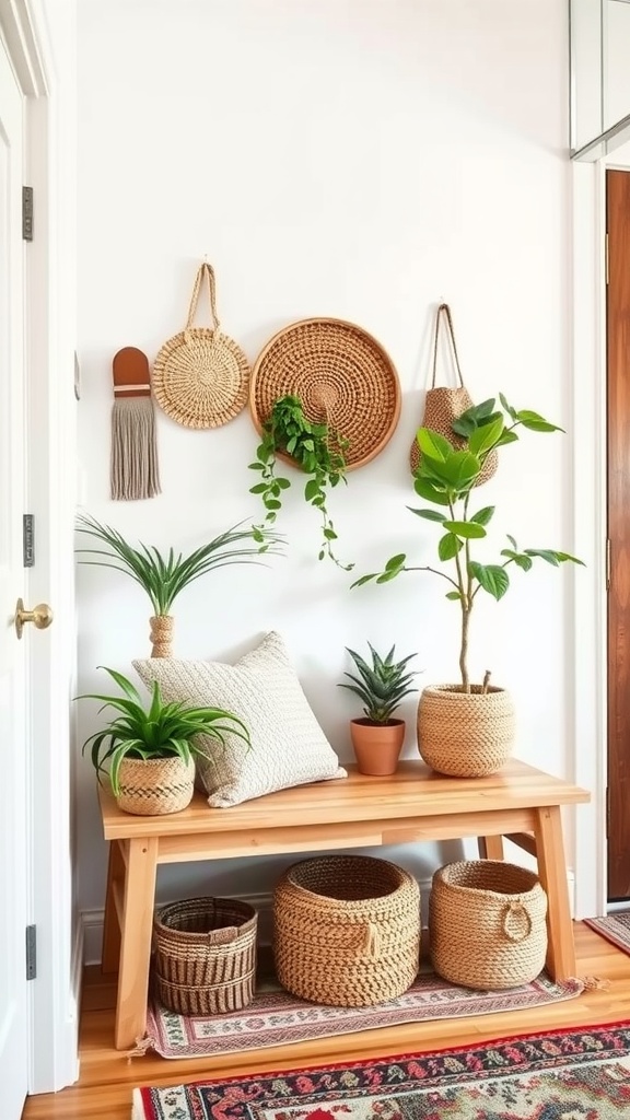 A boho-style entryway featuring a natural wood bench, plants in woven baskets, and decorative wall art.