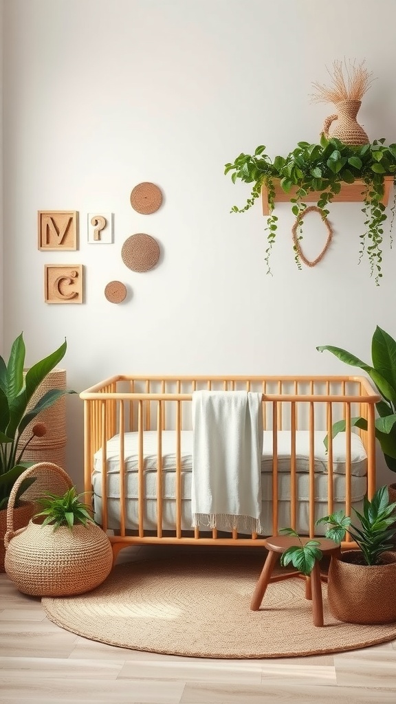 A nursery room featuring nature-inspired decor with plants, an orange crib, and woven baskets.