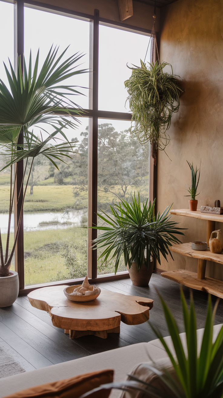 A cozy room with large windows, showcasing plants and natural wood furniture, blending indoor and outdoor elements.