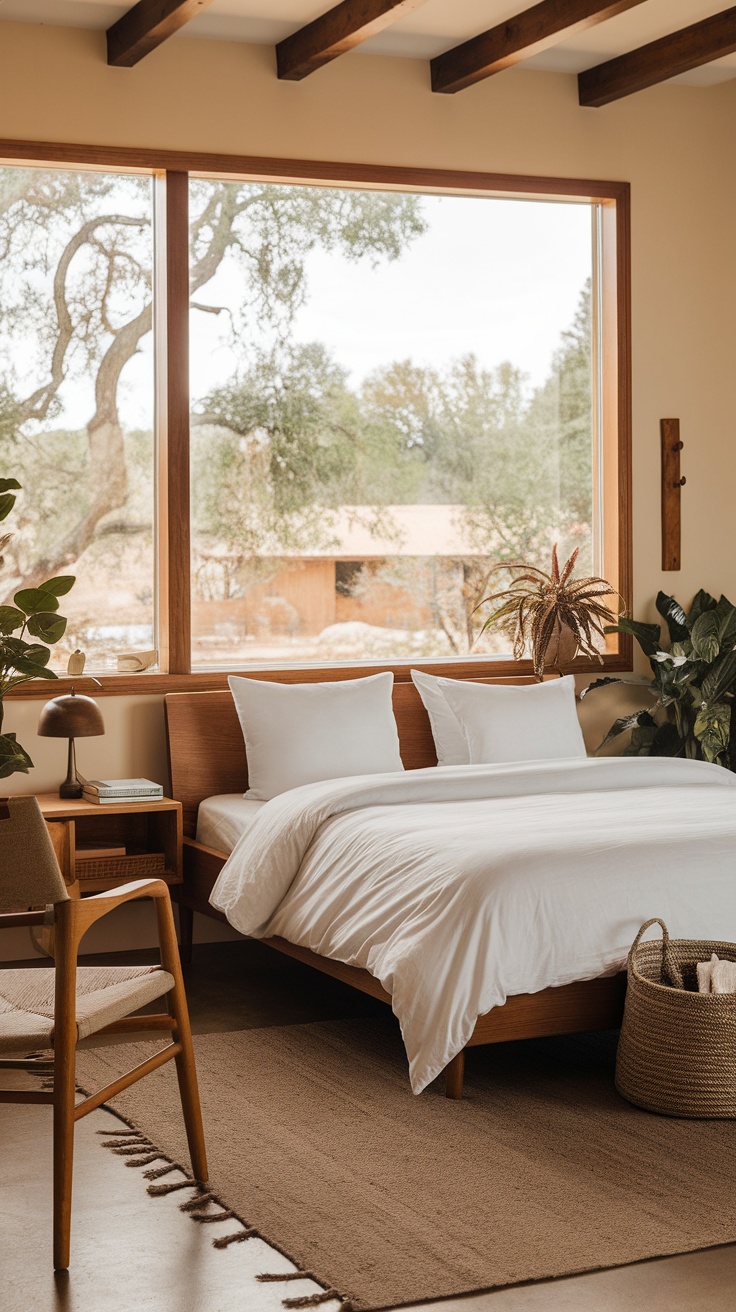 A modern rustic bedroom featuring a large window with a view of trees, wooden furniture, and plants.