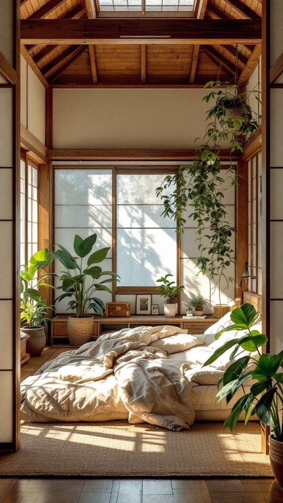 A bright Japanese-style bedroom featuring wooden beams, large windows, and various indoor plants.