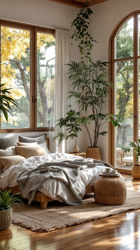 Cozy nature-inspired bedroom with large windows, plants, and neutral decor