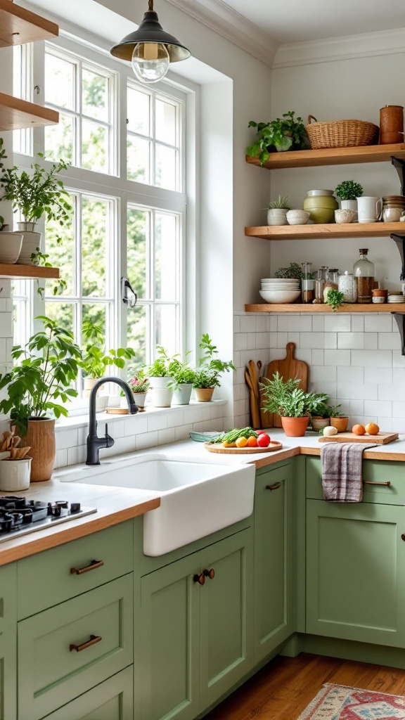 A cozy nature-inspired kitchen with green cabinets, plants, and wooden shelves.