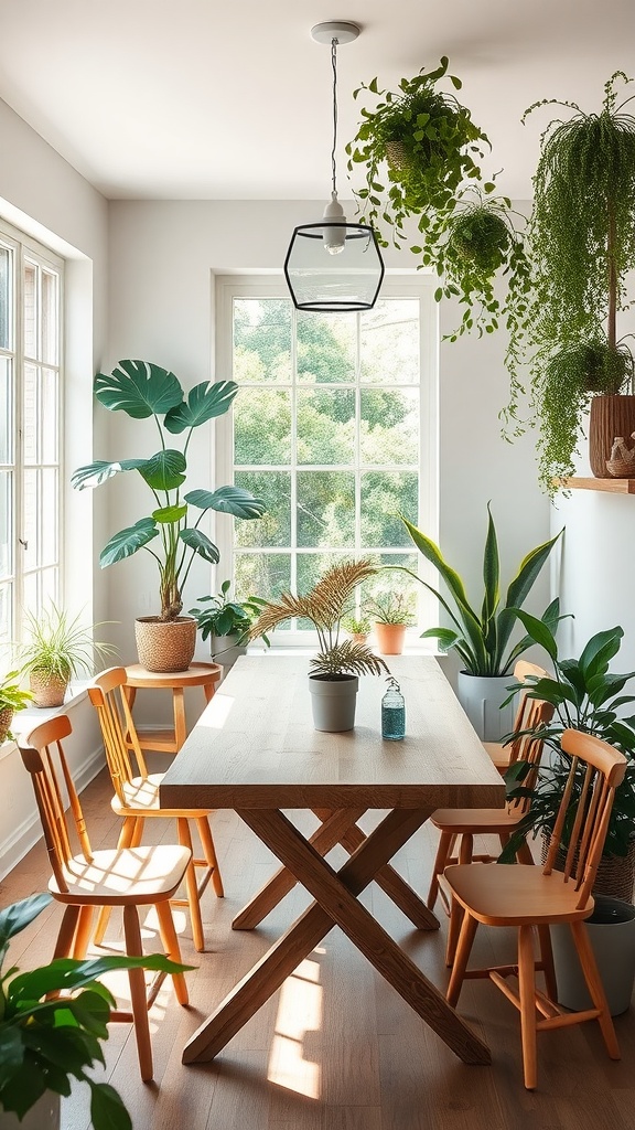 A nature-inspired dining nook featuring a wooden table surrounded by various plants and bright natural light.