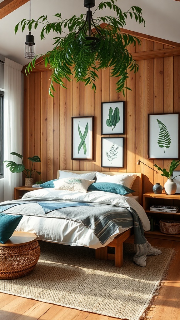 A cozy bedroom with wooden walls, a comfy bed, and plants, showcasing a nature-inspired theme.