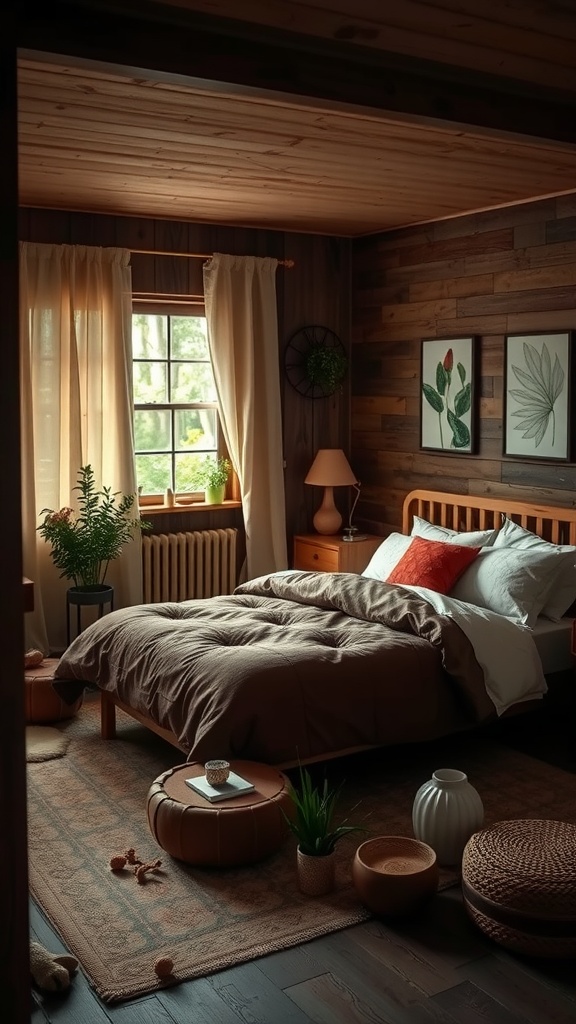 A cozy, nature-inspired bedroom with wooden walls, plants, and soft textiles.