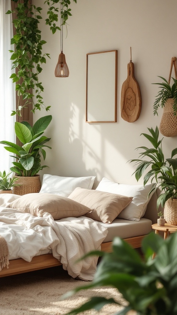 A cozy bedroom featuring greenery, a wooden bed, and neutral-toned bedding.
