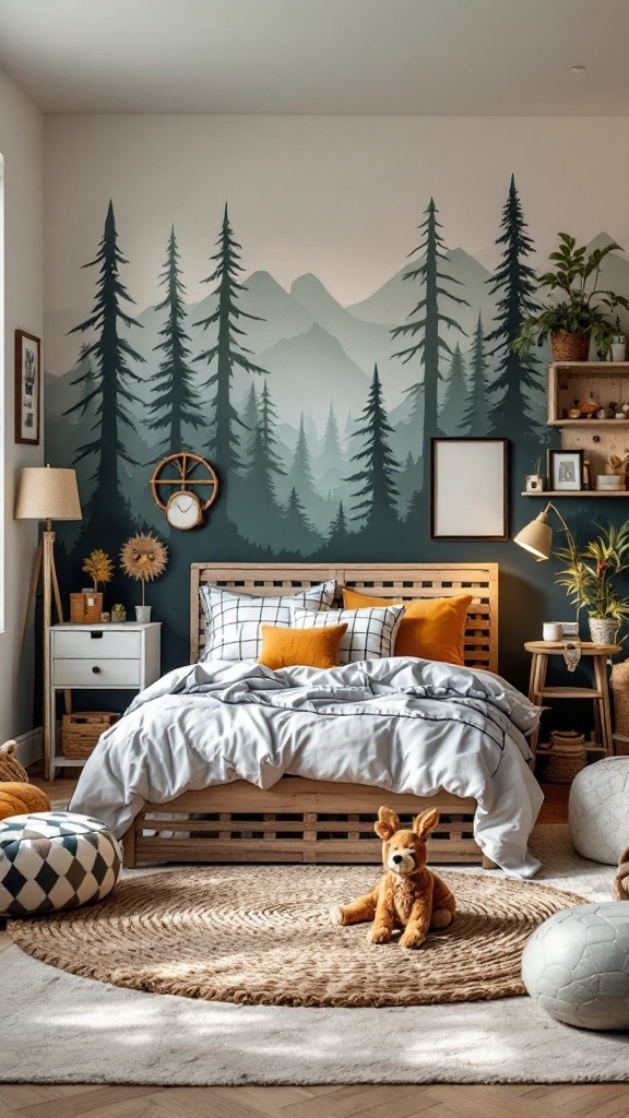 A cozy boys' bedroom featuring a nature-inspired mural with pine trees and mountains, a wooden bed, soft bedding, decorative pillows, and playful stuffed animal.