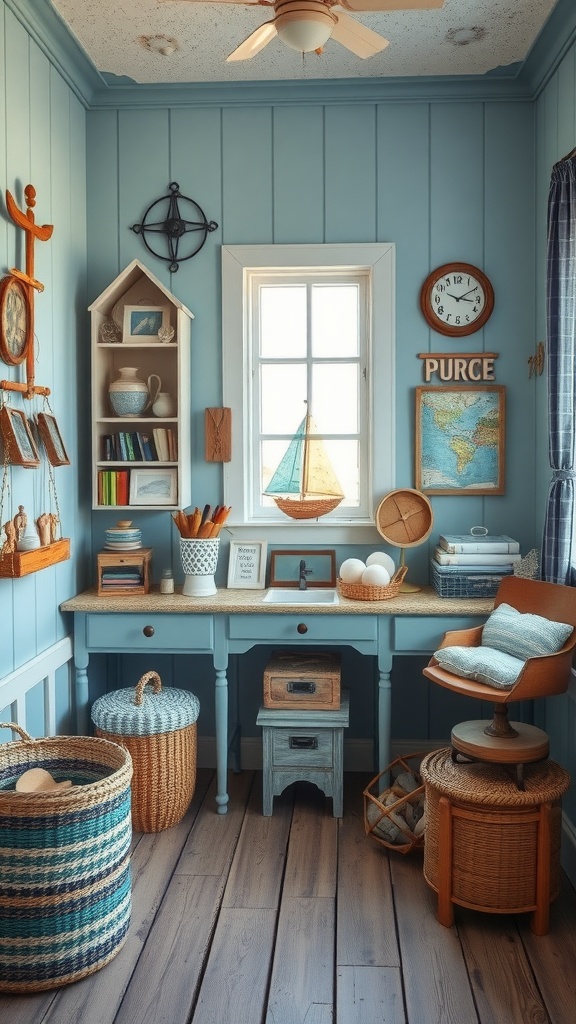 A cozy vintage dressing room with nautical decor, featuring light blue walls, a wooden desk, and various coastal-themed items.