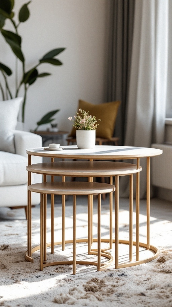 A set of three nestable coffee tables in a cozy living room, featuring a potted plant on the largest table.
