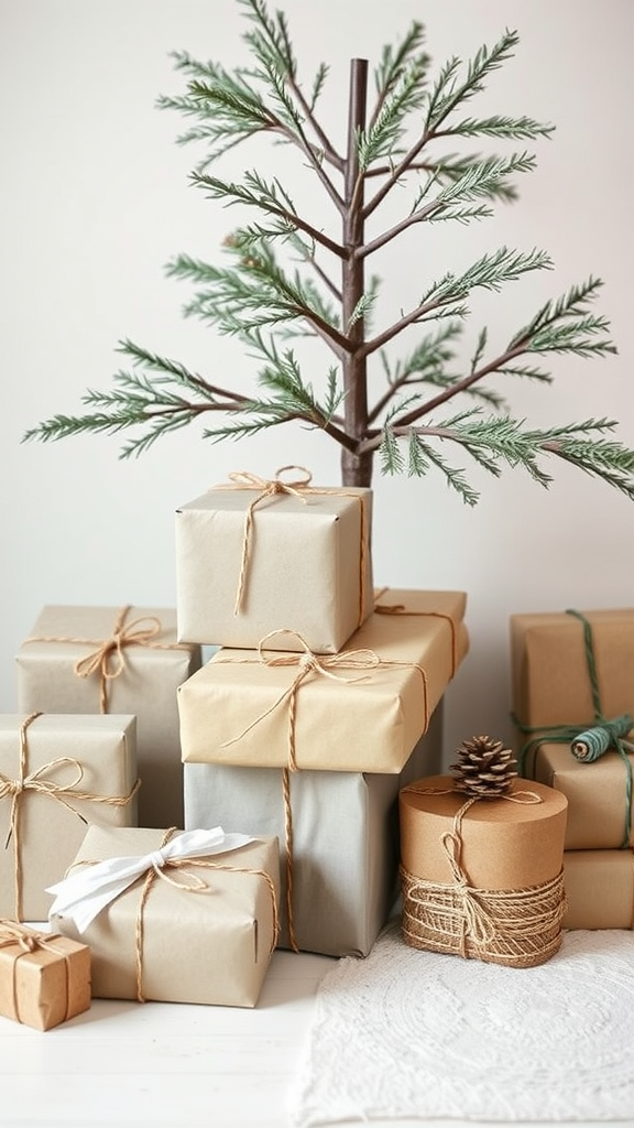 A collection of gift-wrapped boxes in neutral colors, featuring twine and a simple decorative pinecone.