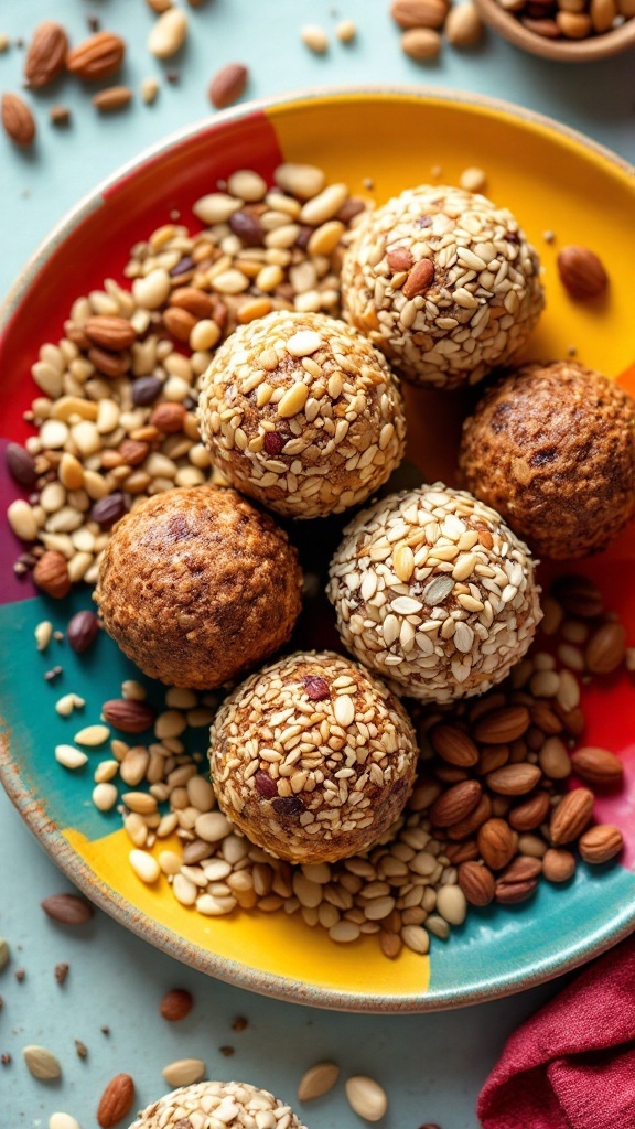 Plate of nutty seed protein balls surrounded by various nuts and seeds.