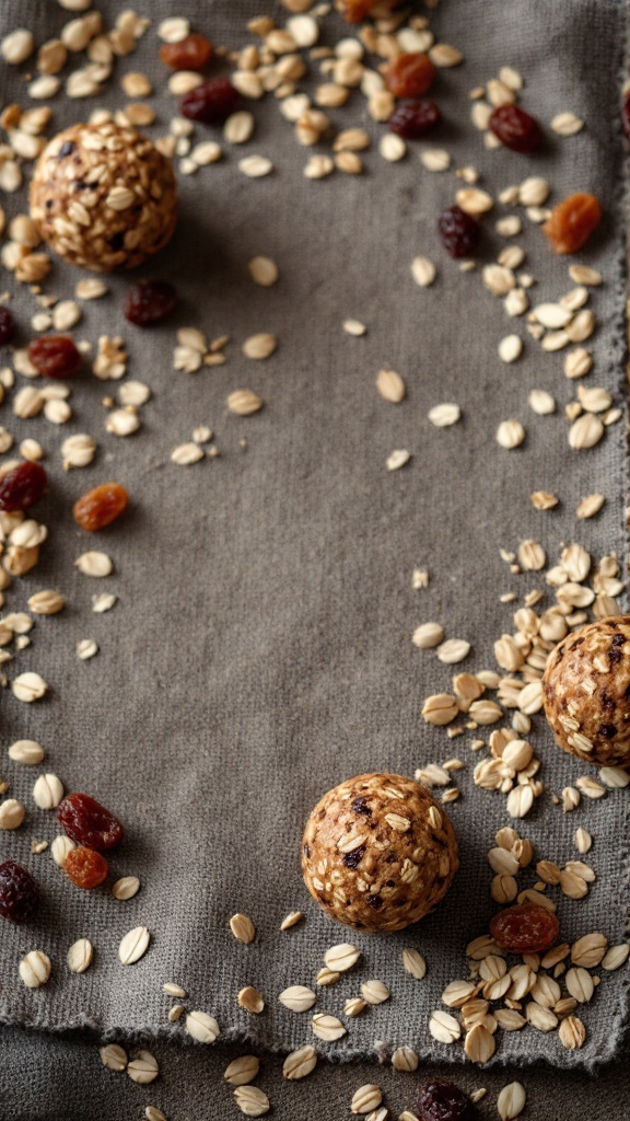 Healthy oatmeal raisin protein balls on a rustic fabric background