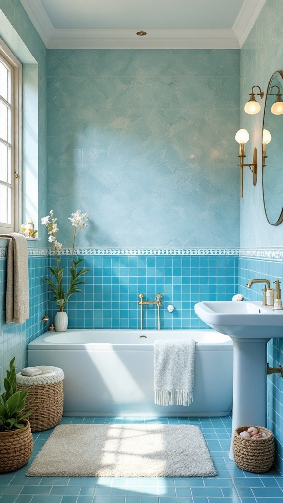 A serene bathroom with aqua walls, blue tiles, and elegant fixtures, inspired by ocean themes.