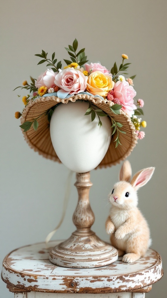A vintage Easter bonnet adorned with flowers, displayed beside a cute bunny figure.