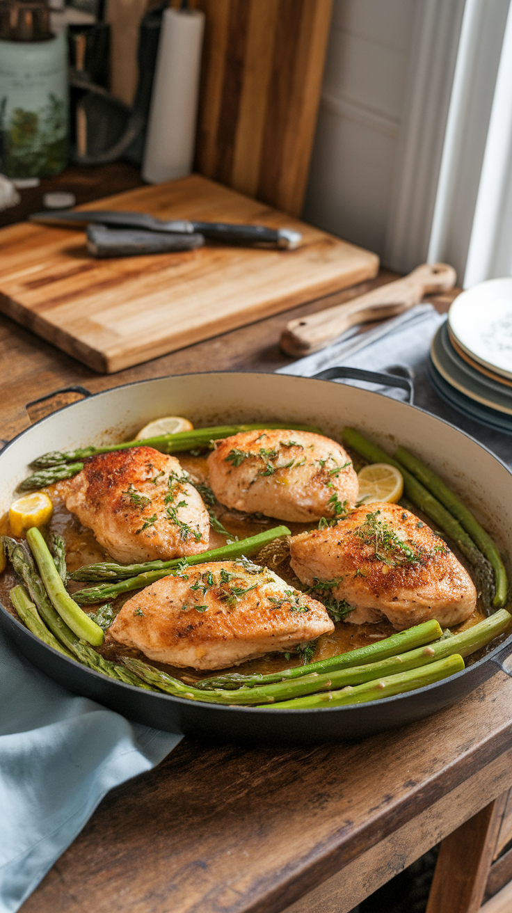 A pan of lemon garlic chicken and asparagus on a wooden table.